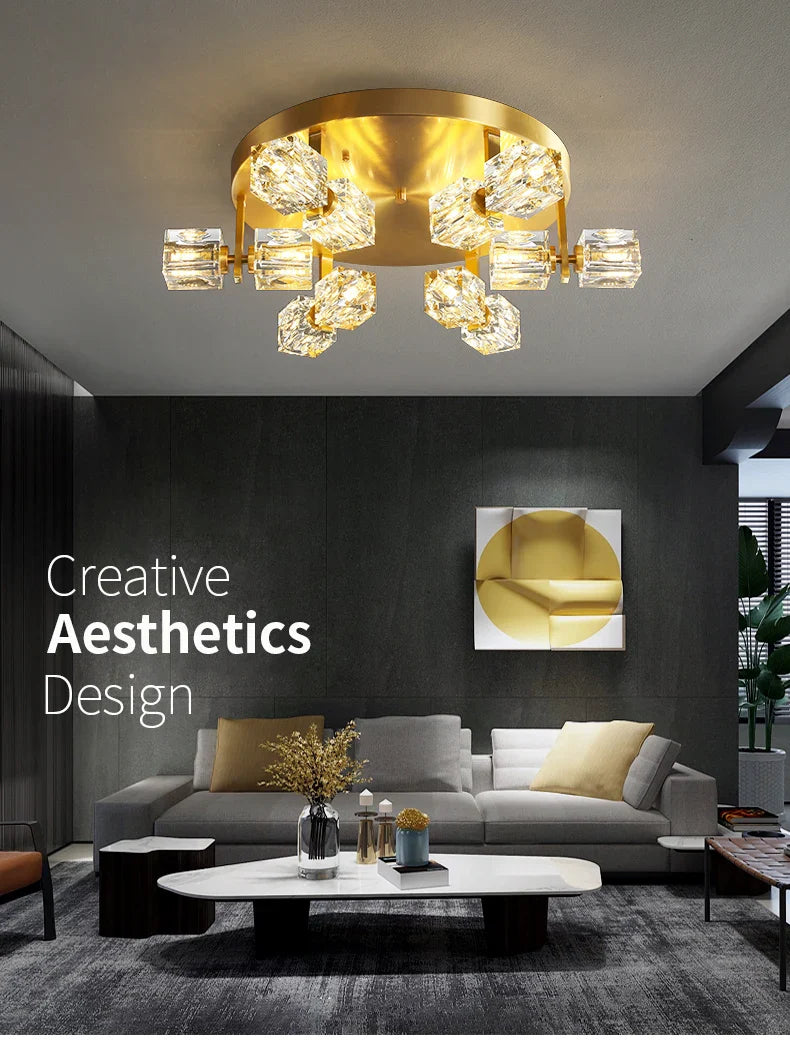 Cube Design Modern Copper Crystal Ceiling Light
