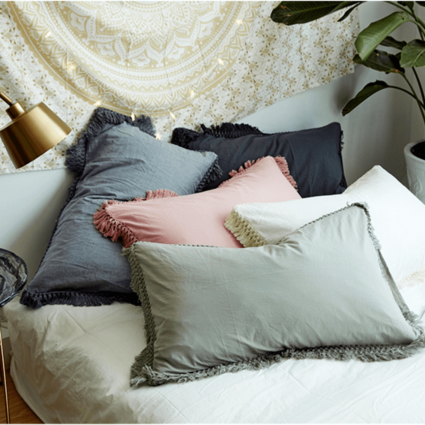 Pillow Case With Tassels Solid Cotton - Nordic Side -