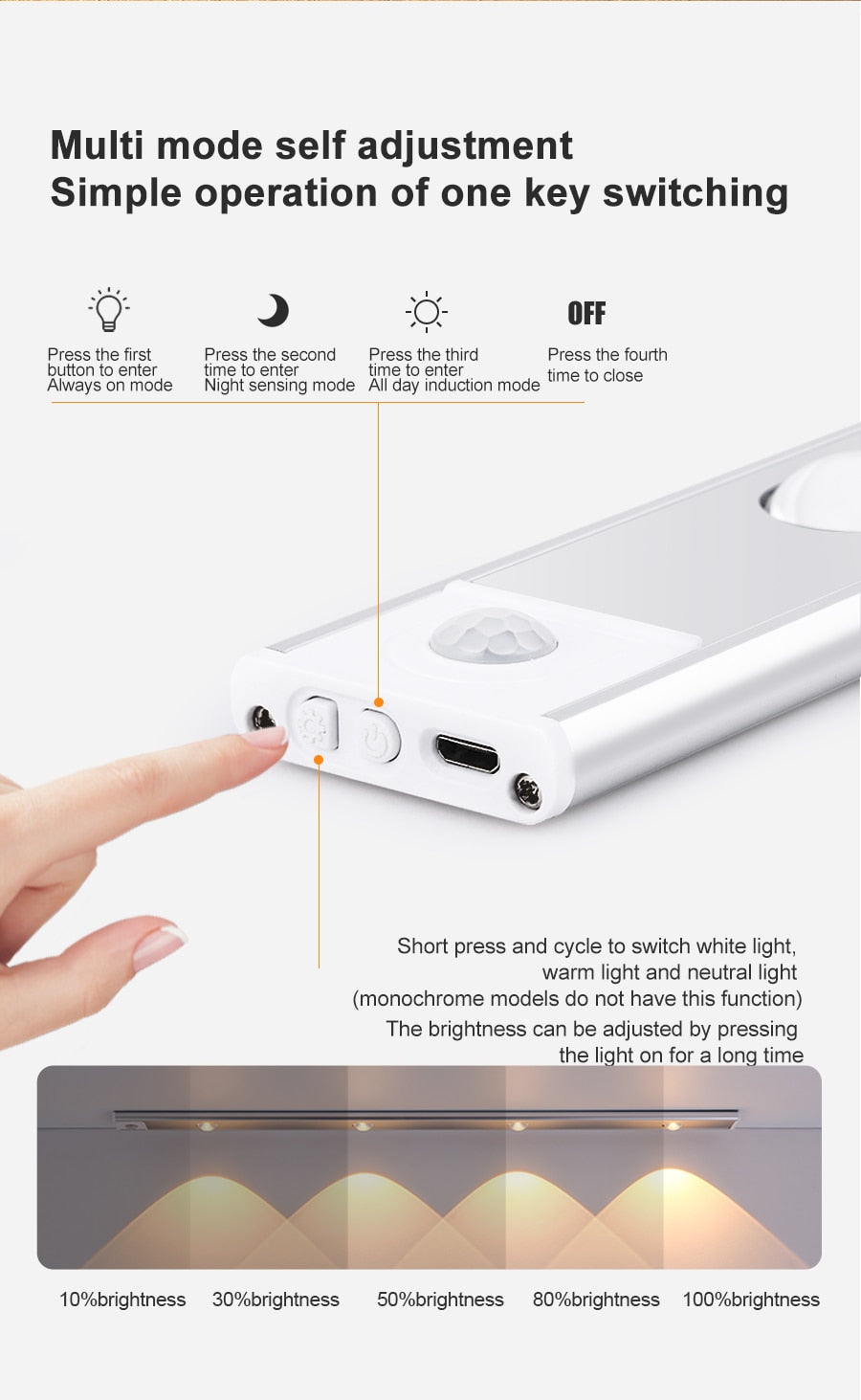 NS Ultra thin LED Light 20/30/40/60CM Cabinet Lamp PIR Motion Sensor Wireless USB Rechargeable
