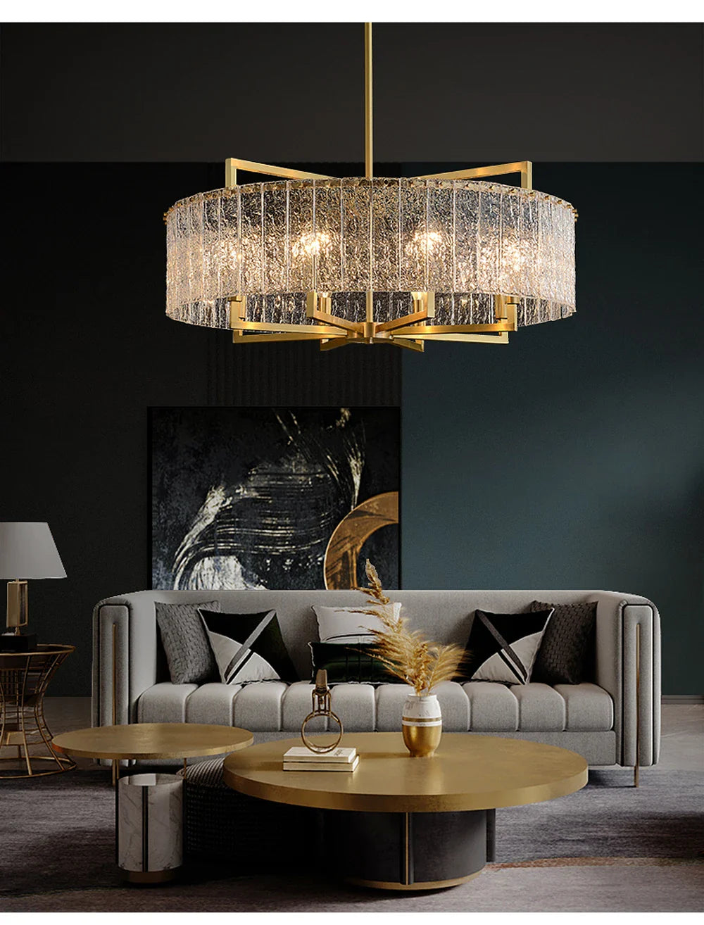 Akolia Rectangular LED Noble Artistic Copper Glass Chandelier Lighting Lustre Suspension