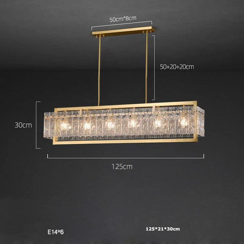 Akolia Rectangular LED Noble Artistic Copper Glass Chandelier Lighting Lustre Suspension