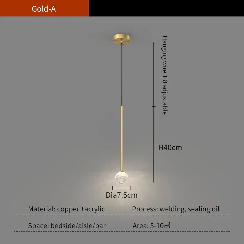 Nordic Ins Hanging Light Indoor LED Copper + Crystal Bedside Light