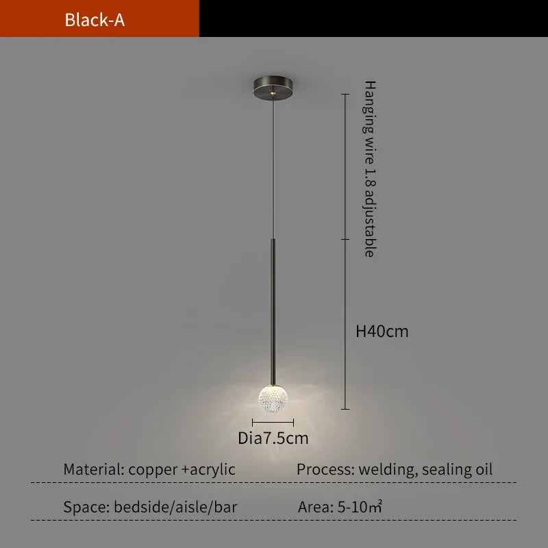 Nordic Ins Hanging Light Indoor LED Copper + Crystal Bedside Light