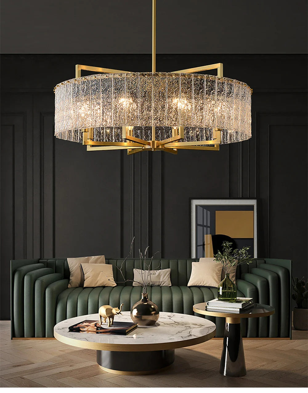 Akolia Rectangular LED Noble Artistic Copper Glass Chandelier Lighting Lustre Suspension