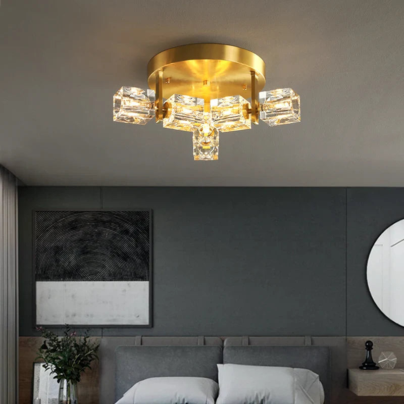 Cube Design Modern Copper Crystal Ceiling Light