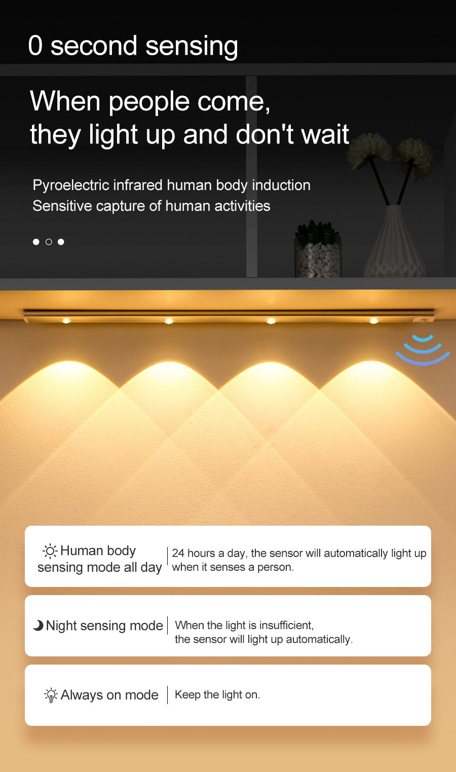 NS Ultra thin LED Light 20/30/40/60CM Cabinet Lamp PIR Motion Sensor Wireless USB Rechargeable