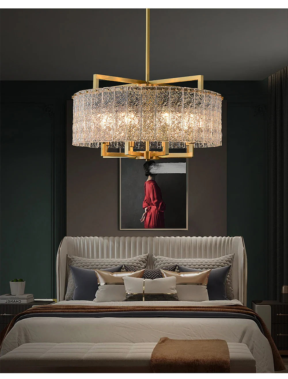 Akolia Rectangular LED Noble Artistic Copper Glass Chandelier Lighting Lustre Suspension