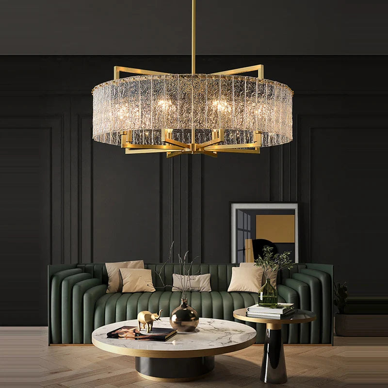 Akolia Rectangular LED Noble Artistic Copper Glass Chandelier Lighting Lustre Suspension