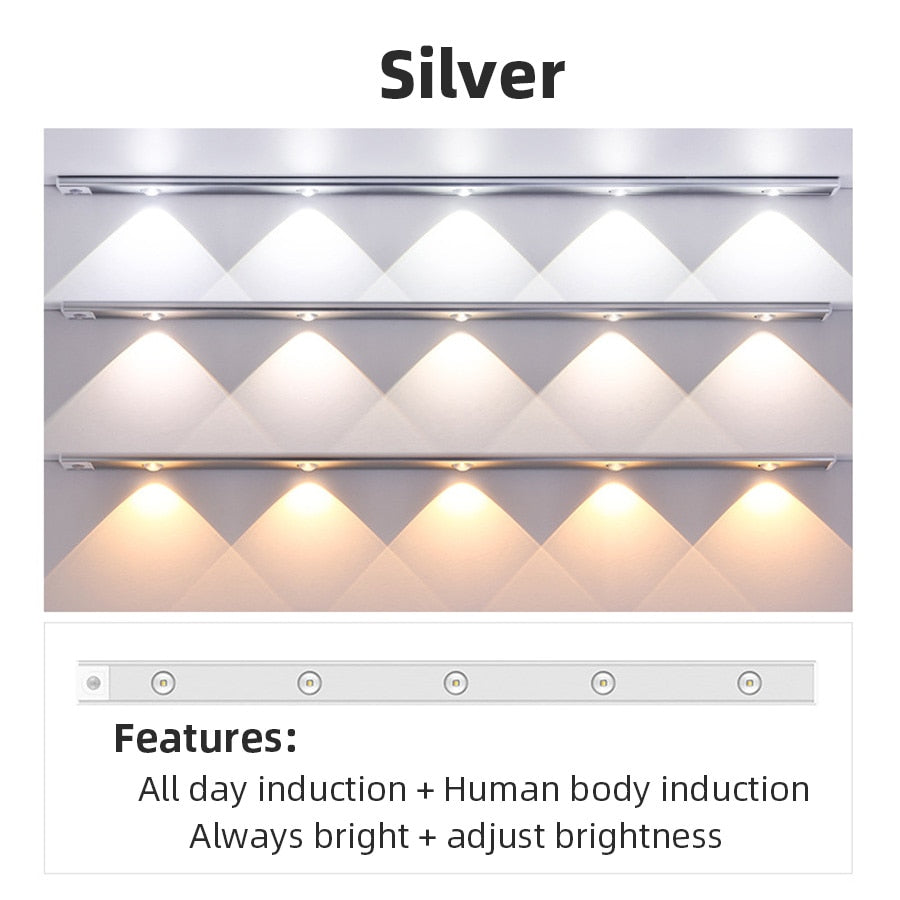 NS Ultra thin LED Light 20/30/40/60CM Cabinet Lamp PIR Motion Sensor Wireless USB Rechargeable