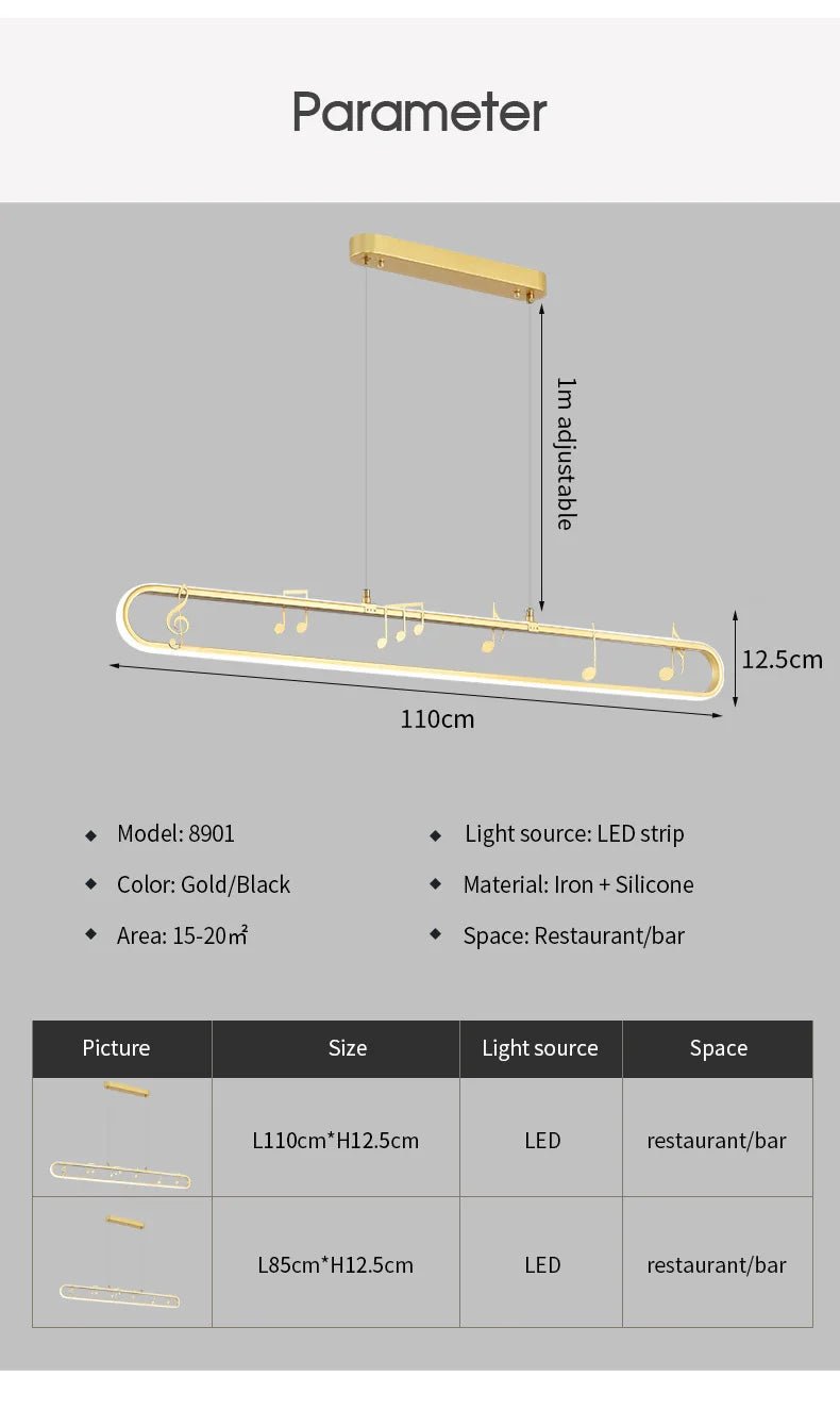 Linear Modern Creative Indoor Iron LED Music Note Pendant Lamp