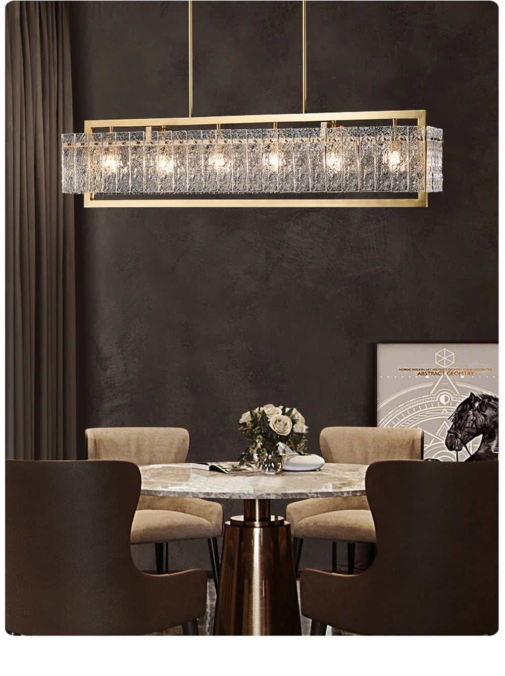 Akolia Rectangular LED Noble Artistic Copper Glass Chandelier Lighting Lustre Suspension