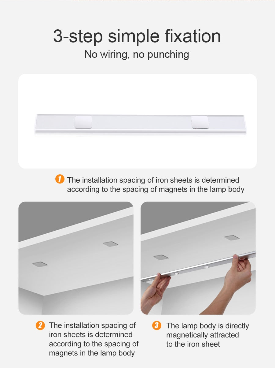 NS Ultra thin LED Light 20/30/40/60CM Cabinet Lamp PIR Motion Sensor Wireless USB Rechargeable
