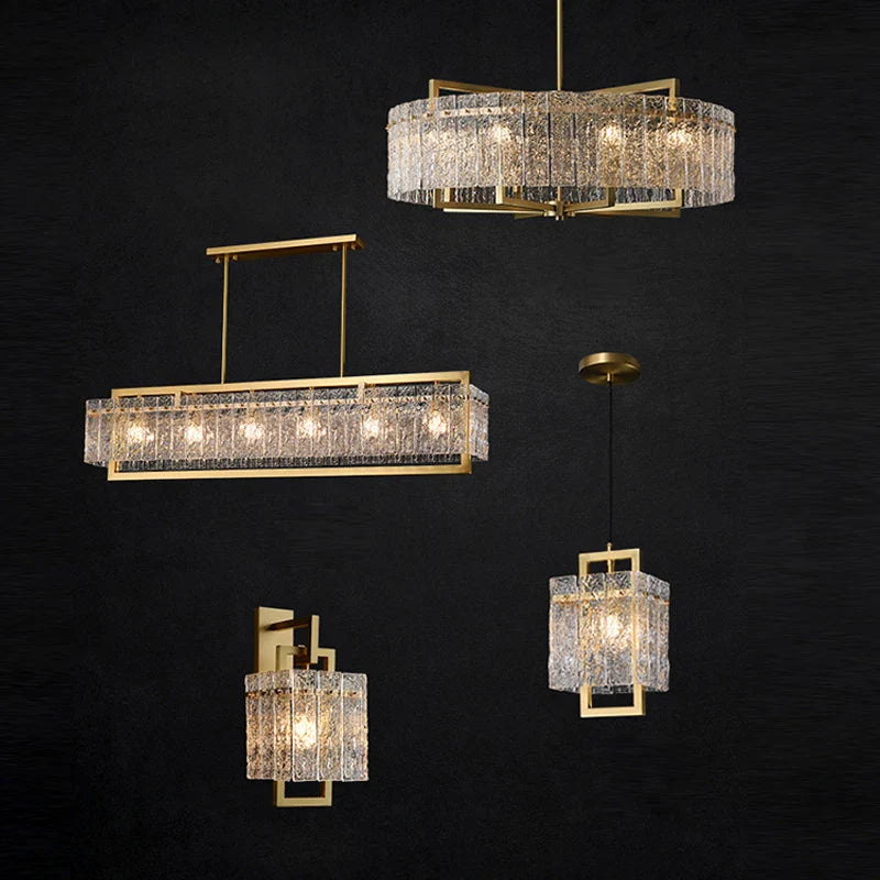 Akolia Rectangular LED Noble Artistic Copper Glass Chandelier Lighting Lustre Suspension
