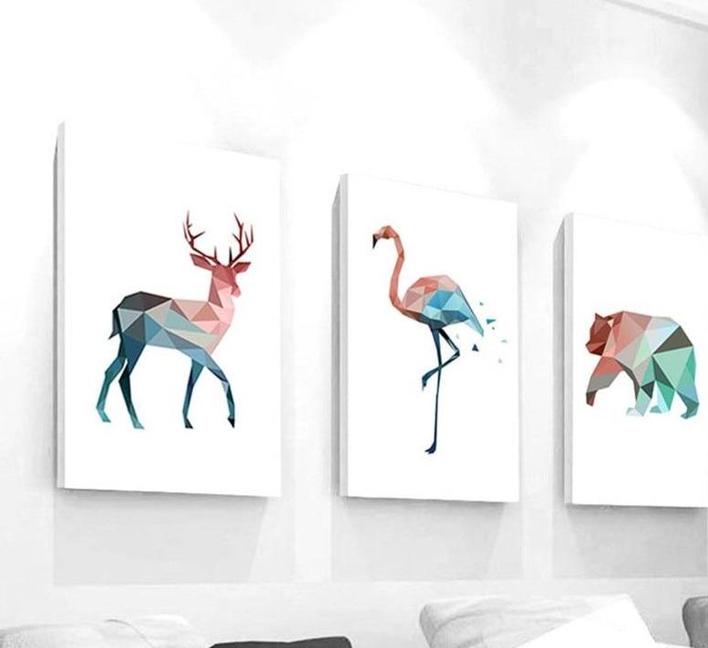 Abstract Geometric Pink and Blue Deer Flamingo and Polar Bear