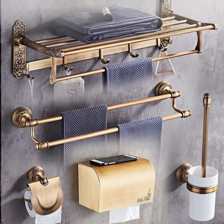 Antique Bronze Carved Bathroom Accessories Set Aluminum Bath Hardware Sets Towel Rack, Paper holder Toilet Brush Holder