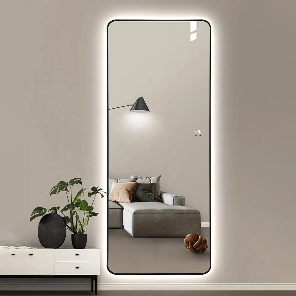 Backlit rectangular black framed mirror
