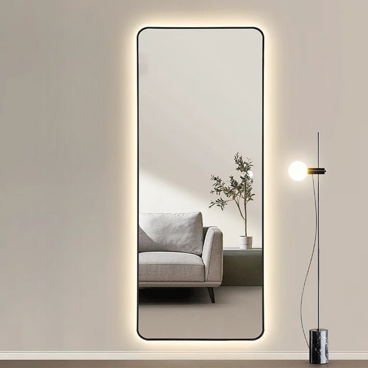 Backlit rectangular black framed mirror