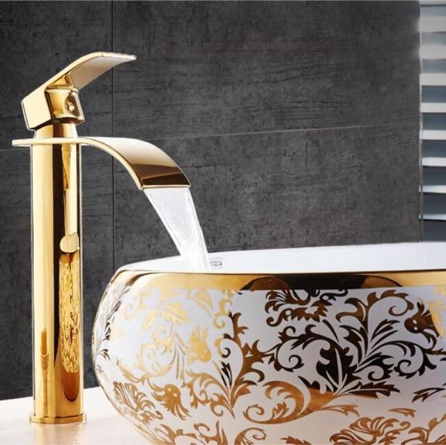 Brass Gold & White Waterfall Luxury Bathroom Faucet