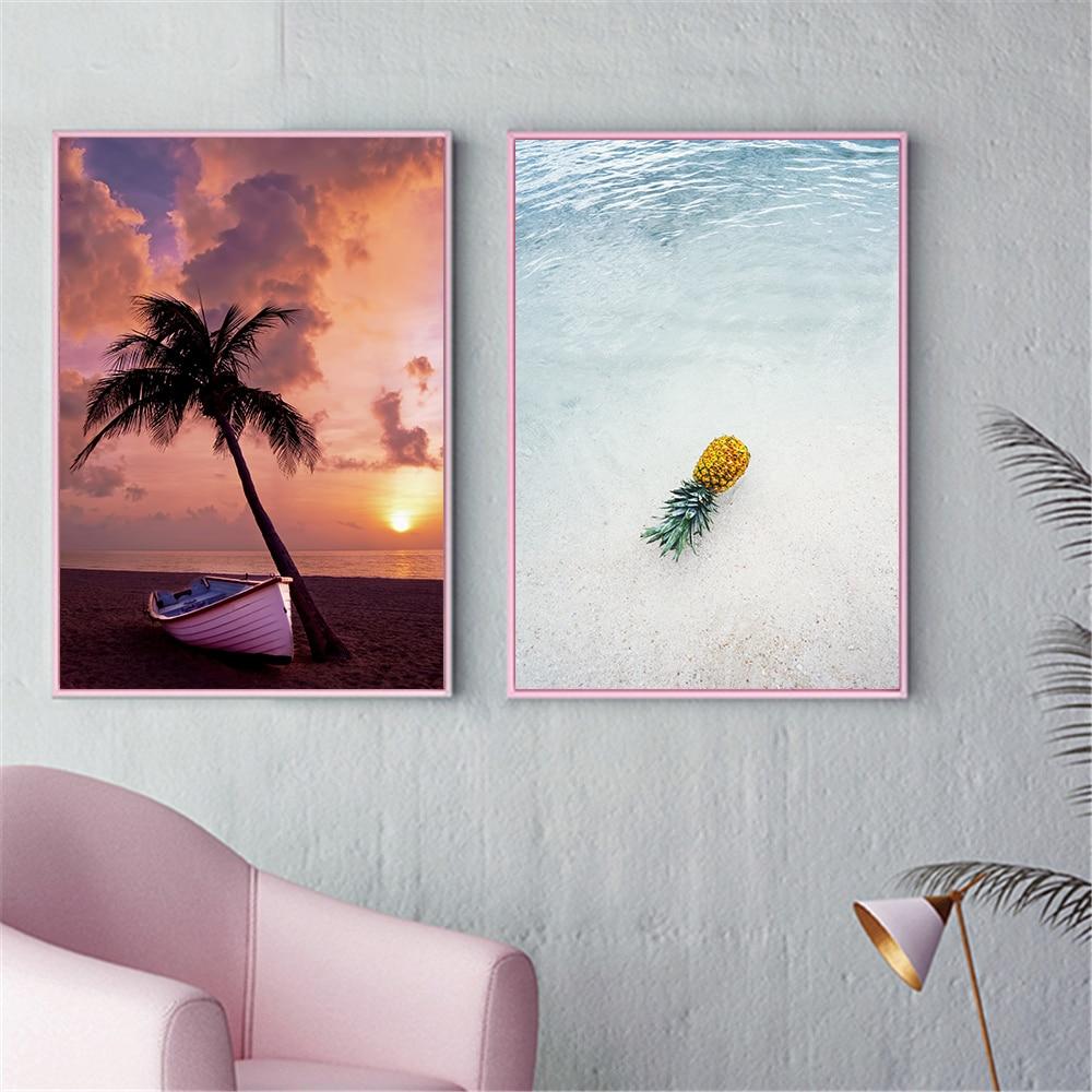 Canvas Painting Seascape Poster Beach Sea Tree Sand Ocean Pineapple Poster Nordic Style Print Wall Picture For Living Room