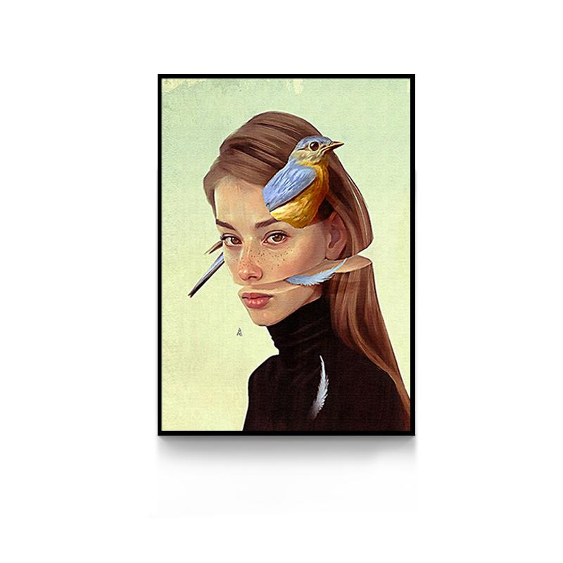 Creative Anime Alien Girl Canvas Painting Bird Leaf Flowers Butterfly Poster Print Wall Art For Living Room