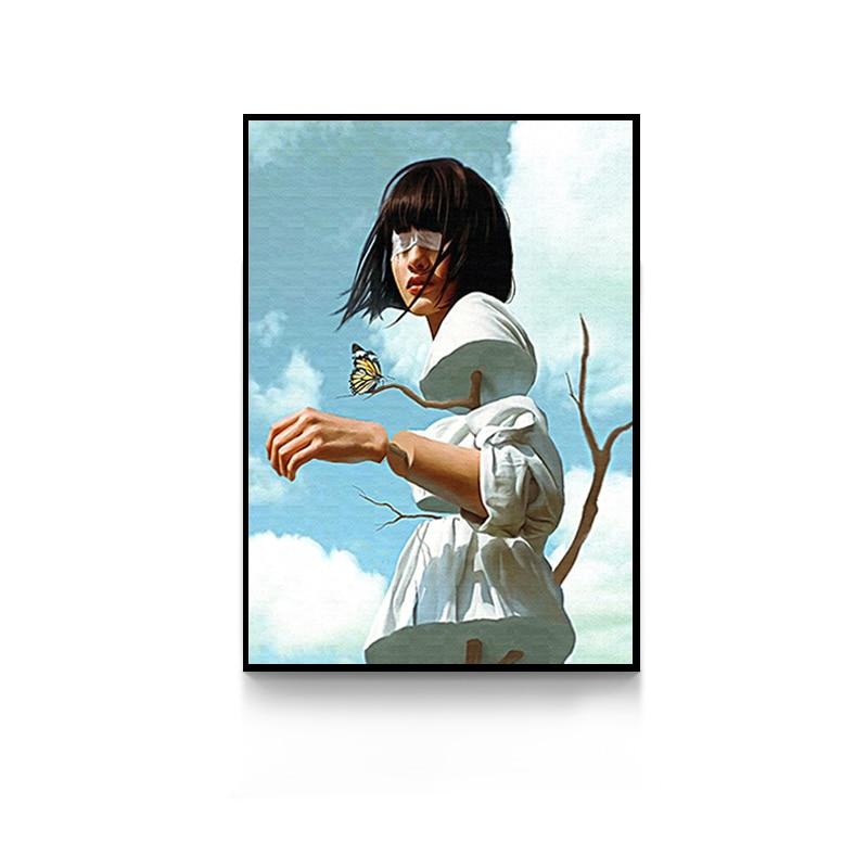 Creative Anime Alien Girl Canvas Painting Bird Leaf Flowers Butterfly Poster Print Wall Art For Living Room