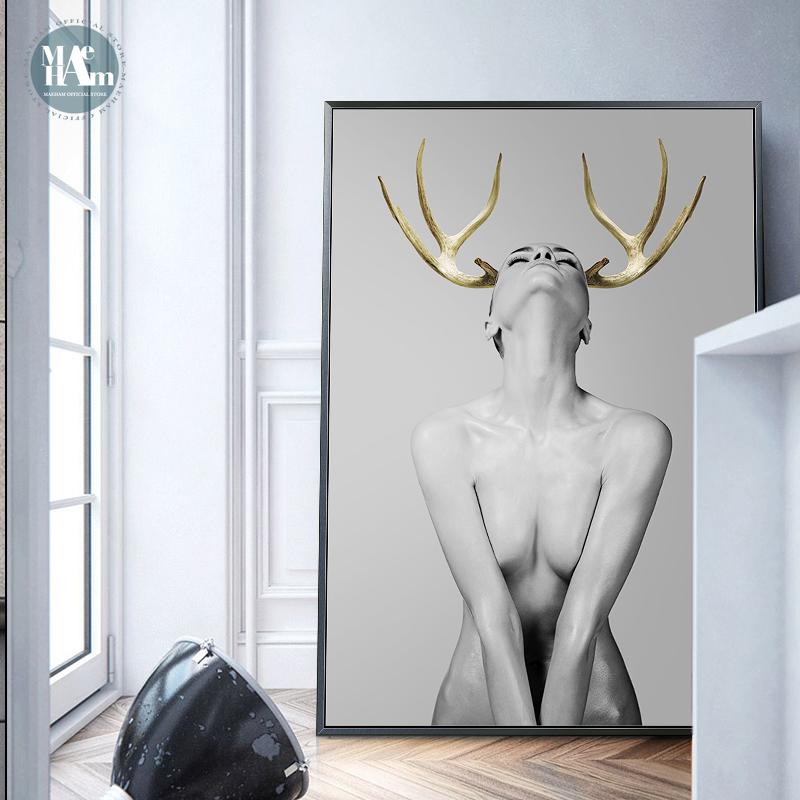 Gold Antlers Girl Poster | Wall Art Home Decor