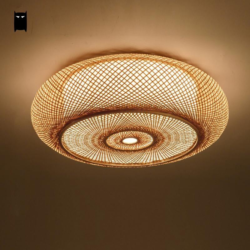 Hand-woven Bamboo Wicker Rattan Round Lantern Shade Ceiling Light Fixture Rustic Asian Japanese Plafon Lamp Bedroom Living Room