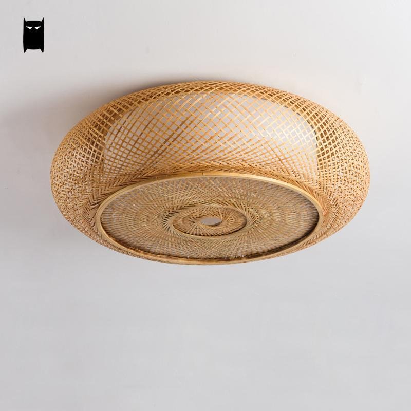Hand-woven Bamboo Wicker Rattan Round Lantern Shade Ceiling Light Fixture Rustic Asian Japanese Plafon Lamp Bedroom Living Room