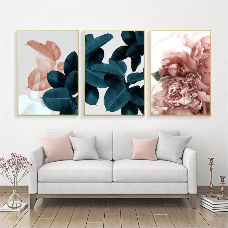 Modern Abstract Pink Flower Green Plants Poster Print Canvas Painting Pictures Home Wall Art Decoration Can Be Customized