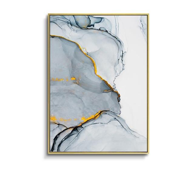 Nordic Morden Abstract Blue-gray line Wall Art Canvas Painting Golden Blue smoke Art Poster Print Wall Picture for Living Room