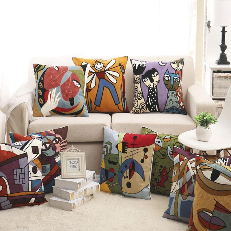Cotton Picasso Embroidered Square Pillow Case - Nordic Side -