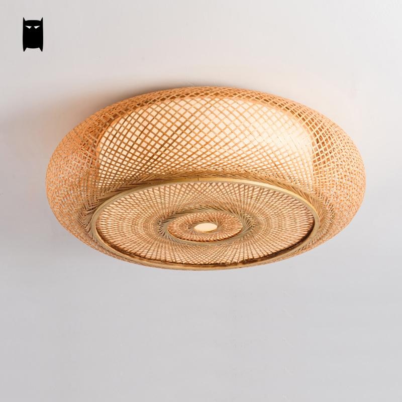 Hand-woven Bamboo Wicker Rattan Round Lantern Shade Ceiling Light Fixture Rustic Asian Japanese Plafon Lamp Bedroom Living Room