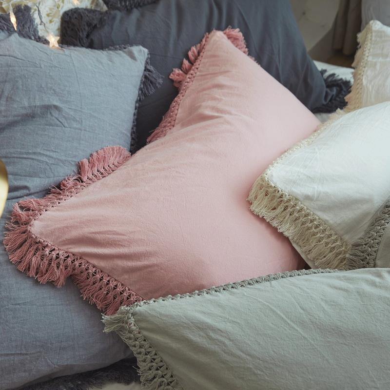 Pillow Case With Tassels Solid Cotton - Nordic Side -