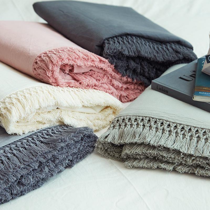 Pillow Case With Tassels Solid Cotton - Nordic Side -