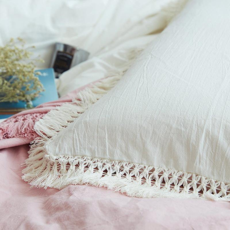 Pillow Case With Tassels Solid Cotton - Nordic Side -