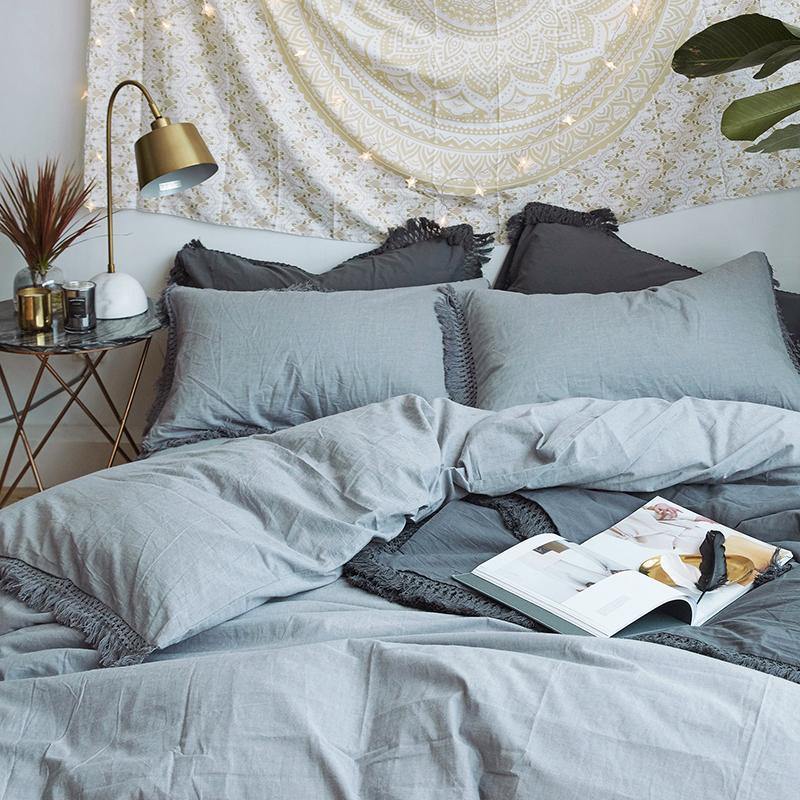 Pillow Case With Tassels Solid Cotton - Nordic Side -