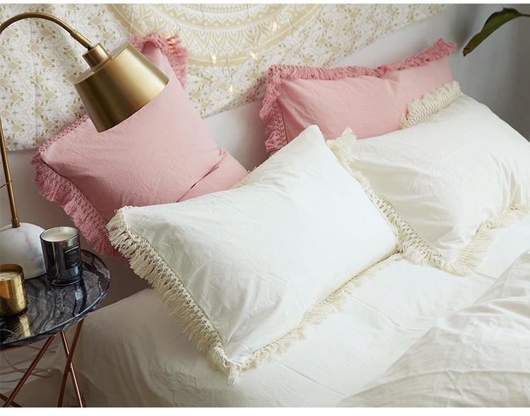 Pillow Case With Tassels Solid Cotton - Nordic Side -