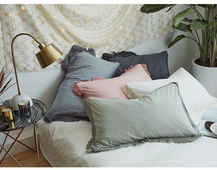 Pillow Case With Tassels Solid Cotton - Nordic Side -