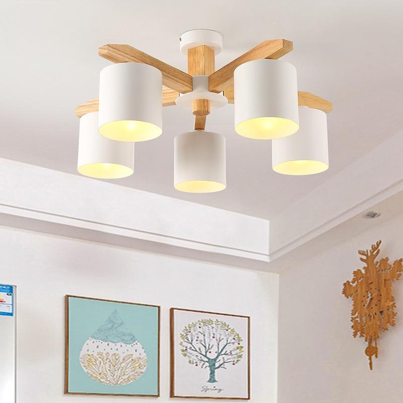 Solid Wood LED Ceiling Chandelier Light E27 With Iron Lampshade