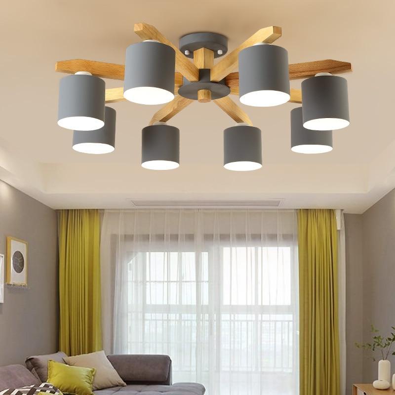Solid Wood LED Ceiling Chandelier Light E27 With Iron Lampshade