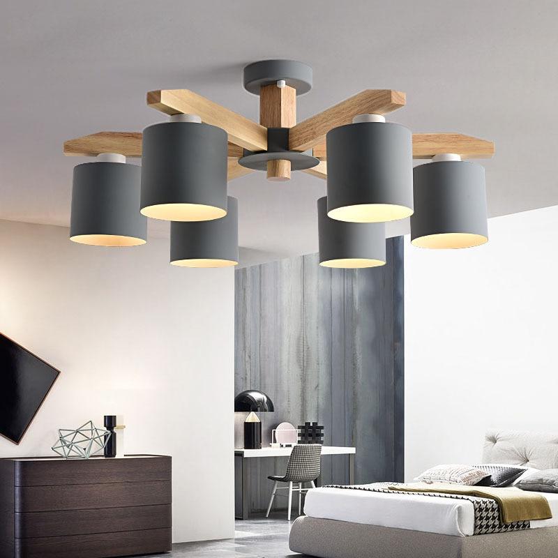 Solid Wood LED Ceiling Chandelier Light E27 With Iron Lampshade