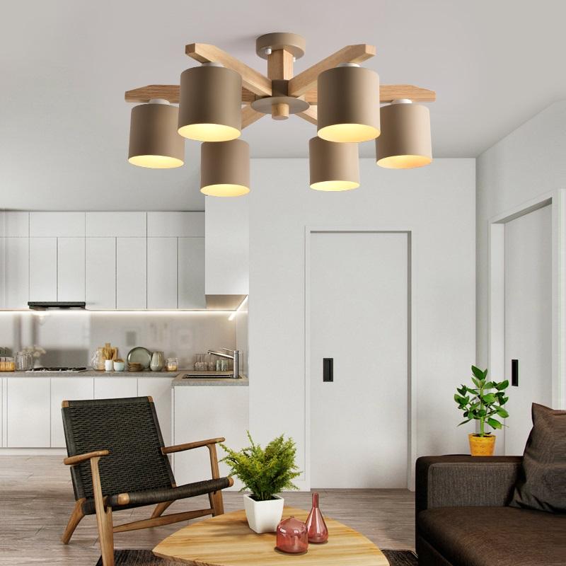Solid Wood LED Ceiling Chandelier Light E27 With Iron Lampshade