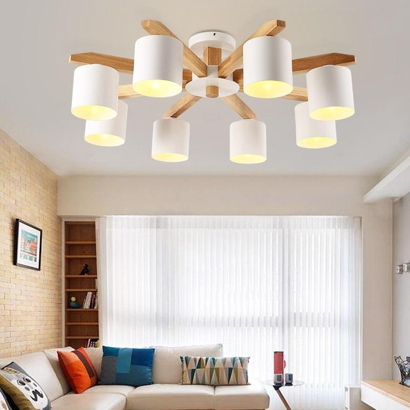 Solid Wood LED Ceiling Chandelier Light E27 With Iron Lampshade