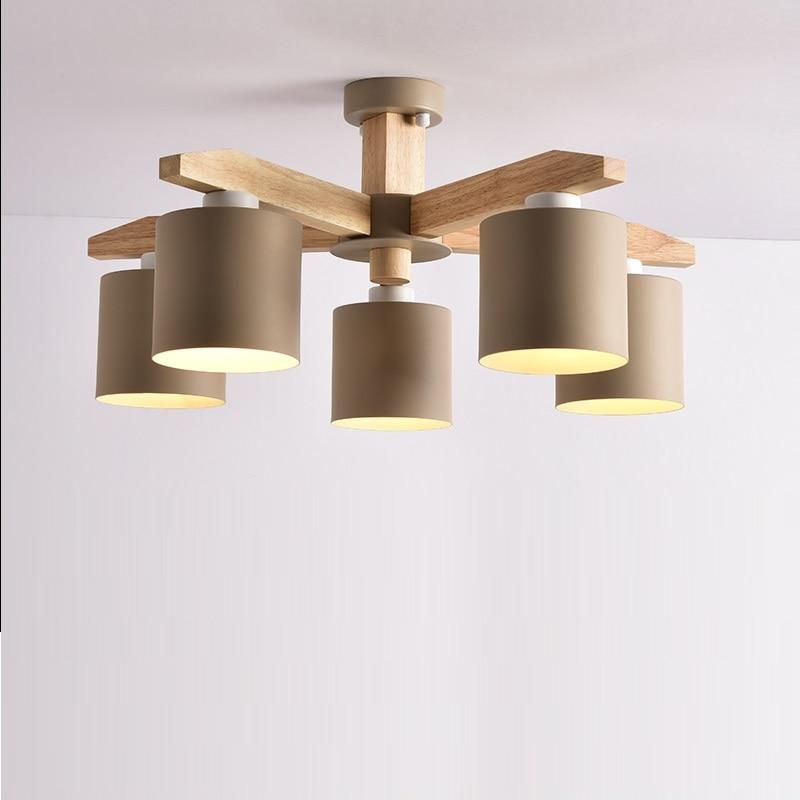 Solid Wood LED Ceiling Chandelier Light E27 With Iron Lampshade
