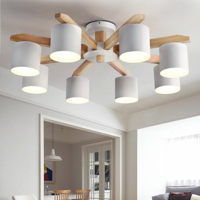 Solid Wood LED Ceiling Chandelier Light E27 With Iron Lampshade