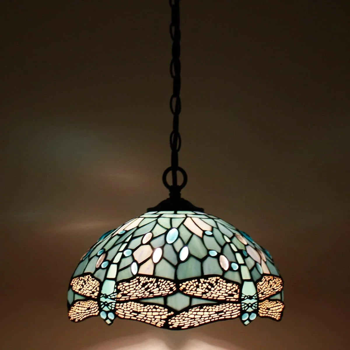 Tiffany Pendant Light Plug in Sea Blue Stained Glass Dragonfly