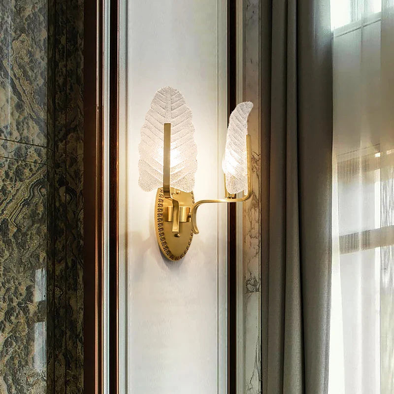 Modern European Style Copper Crystal Sconce Leaves Wall Light