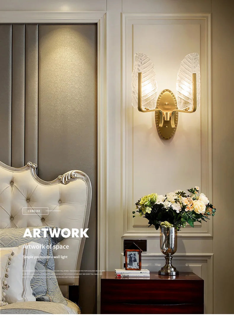 Modern European Style Copper Crystal Sconce Leaves Wall Light