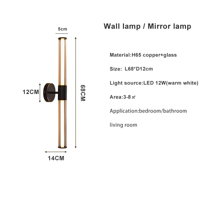 Full Copper + Glass Minimalist Wall Lamp Long Strip Mirror Makeup Light