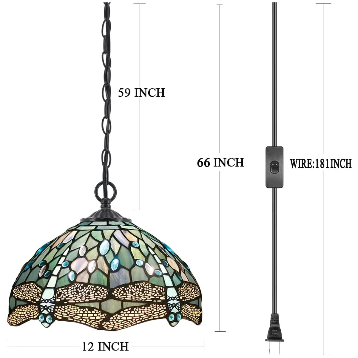 Tiffany Pendant Light Plug in Sea Blue Stained Glass Dragonfly